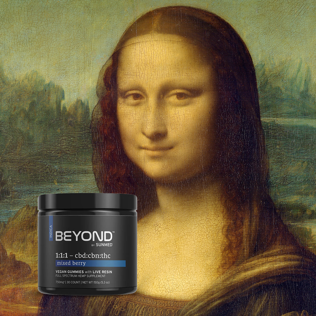 The Mona Lisa with a jar of Sunmed CBD Beyond 1:1:1 Indica Live Resin Gummies in the foreground.