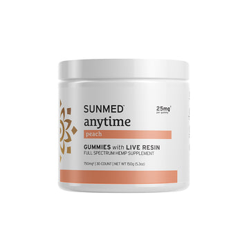 White jar of Sunmed CBD Full Spectrum Anytime CBD Gummies, 25mg per gummy, 30 count, 750mg total.