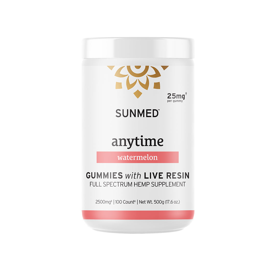 White jar labeled "Sunmed CBD Full Spectrum Anytime CBD Gummies," hemp-derived gummies supplement.