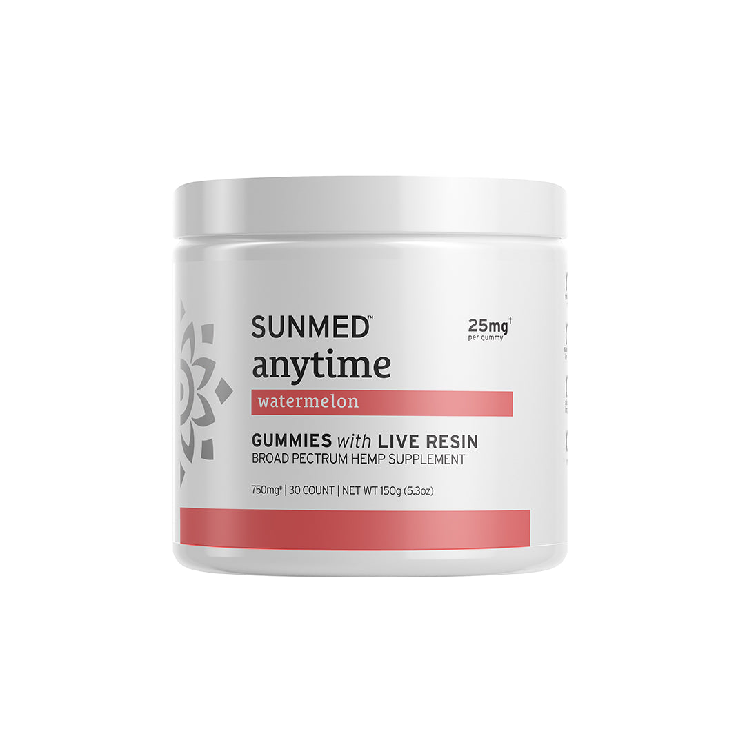 White jar labeled "Sunmed CBD Full Spectrum Anytime CBD Gummies, 30 count, hemp-derived supplement.