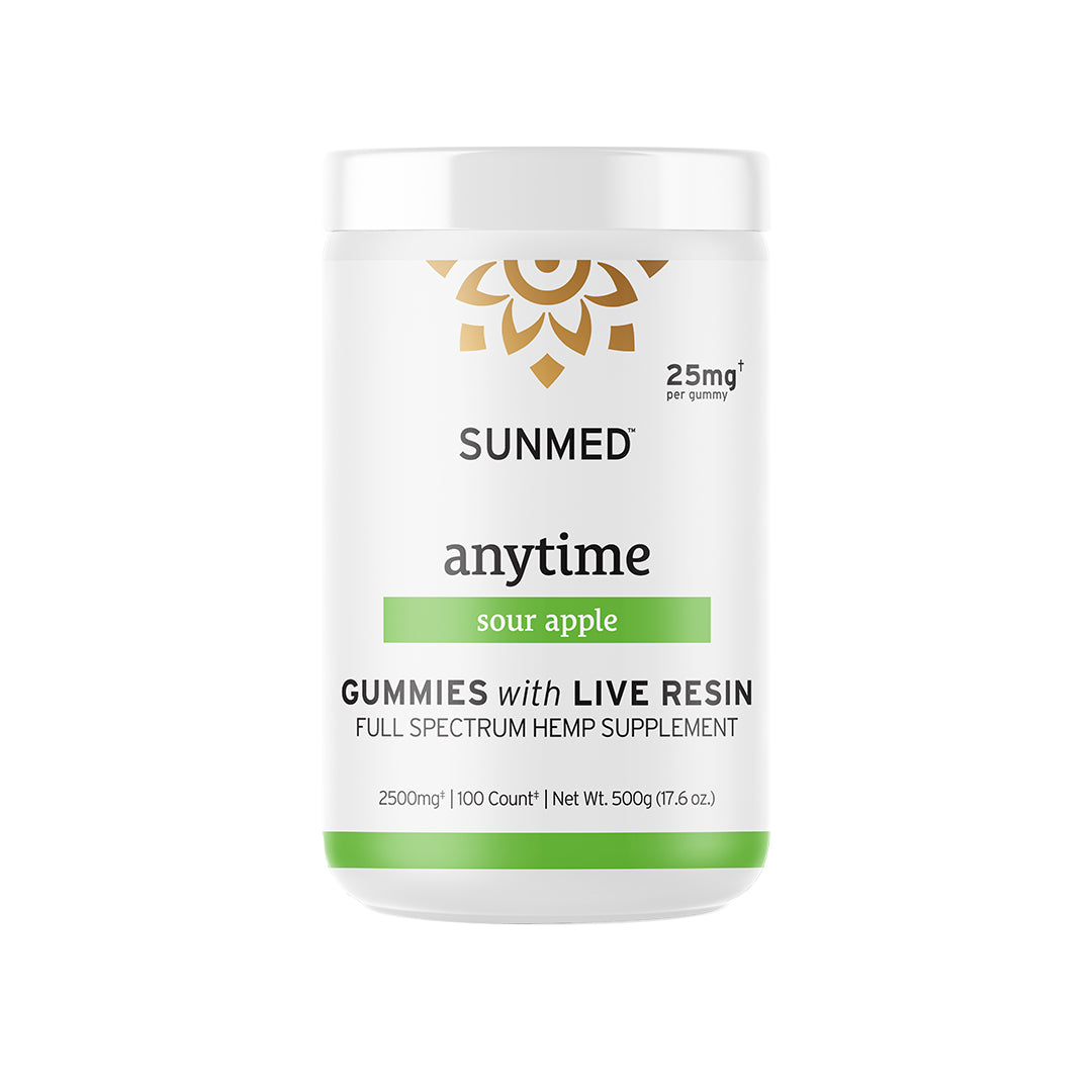 White jar labeled "Sunmed CBD Full Spectrum Anytime CBD Gummies." 25mg per gummy, 100 count. Enjoy these convenient, potent hemp-derived gummies for a delicious way to experience the benefits of CBD.
