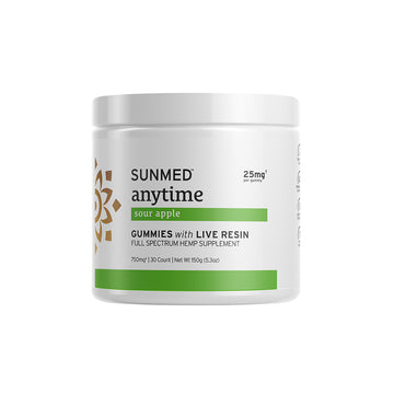 White jar labeled "Sunmed CBD Full Spectrum Anytime CBD Gummies" supplement, 30 count.