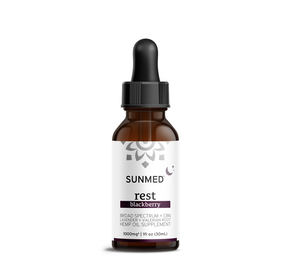A brown dropper bottle labeled "Sunmed CBD Broad Spectrum Sleep CBN Tincture," 1000mg, 1 fl oz, formulated as a relaxing sleep supplement with broad spectrum cannabinoids.