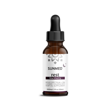 A brown dropper bottle labeled "Sunmed CBD Broad Spectrum Sleep CBN Tincture," 1000mg, 1 fl oz, formulated as a relaxing sleep supplement with broad spectrum cannabinoids.