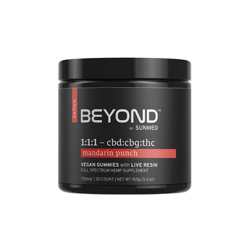 A black jar labeled "Beyond 1:1:1 Sativa Live Resin Gummies" by SunMed CBD, mandarin punch flavor, vegan CBG CBD THC gummies with full spectrum hemp extract.