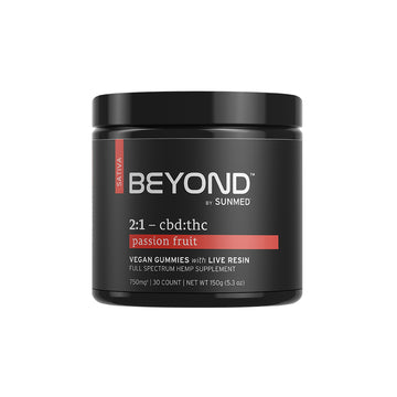 Beyond 2:1 Sativa Live Resin Gummies by Sunmed CBD are passion fruit vegan gummies with a 2:1 CBD to THC ratio, Sativa live resin, and full spectrum hemp extract.