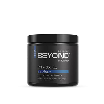 A black jar labeled “Sunmed CBD *30% Off* - 2:1 Indica Gummies 3-Pack” with strawberry gummies, 30 count.