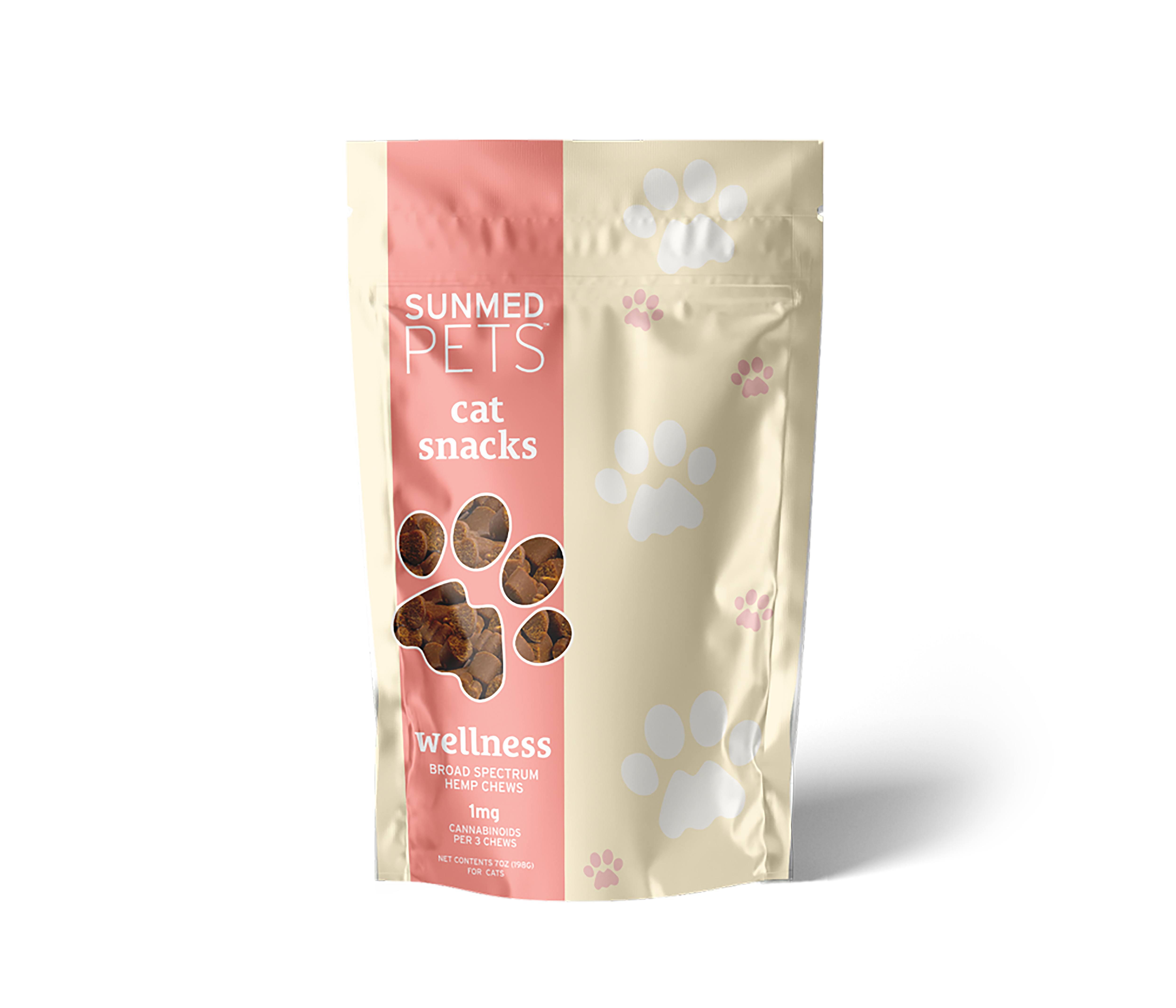 A beige and pink bag of Sunmed CBD Broad Spectrum CBD Cat Treats features paw print designs and a clear window displaying the snacks inside.