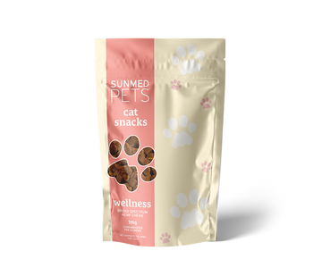 A beige and pink bag of Sunmed CBD Broad Spectrum CBD Cat Treats features paw print designs and a clear window displaying the snacks inside.
