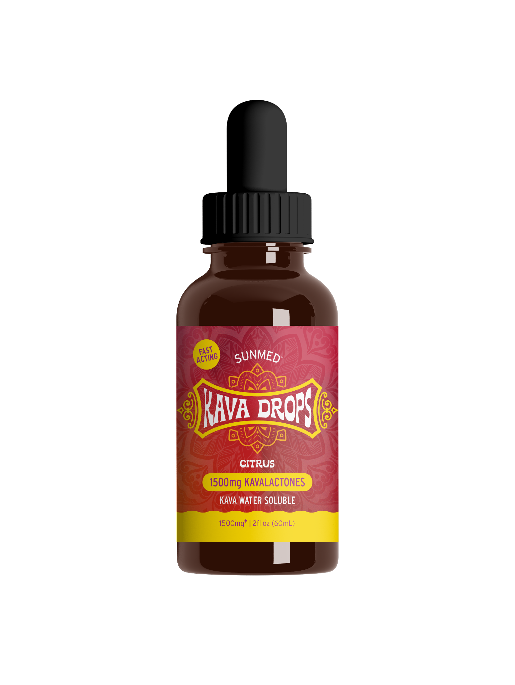 A bottle of Sunmed CBD Kava Water Soluble - Citrus with a dropper, labeled 1500mg kavalactones.