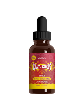 A bottle of Sunmed CBD Kava Water Soluble - Citrus with a dropper, labeled 1500mg kavalactones.