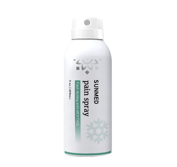 White spray can labeled "Sunmed CBD Broad Spectrum CBD Menthol Spray for Pain" with menthol and a snowflake graphic. This topical analgesic offers targeted pain relief and soothing comfort.