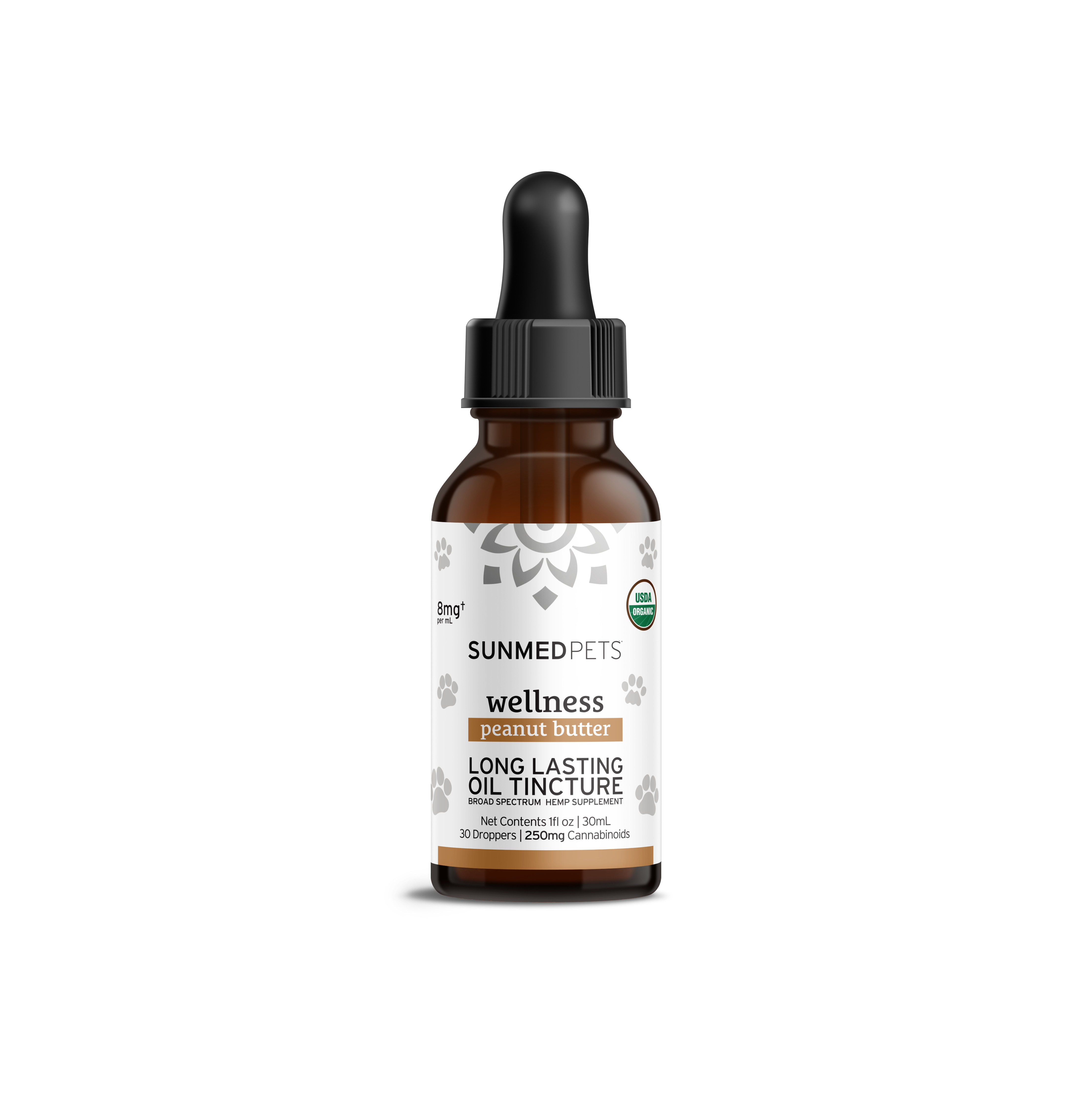 A brown glass dropper bottle labeled "Broad Spectrum CBD Pet Tinctures" by Sunmed CBD—an organic tincture formulated to support wellness in dogs and cats.