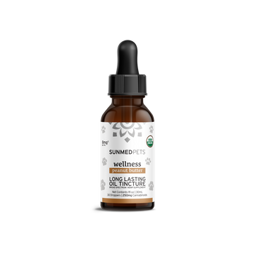 A brown glass dropper bottle labeled "Broad Spectrum CBD Pet Tinctures" by Sunmed CBD—an organic tincture formulated to support wellness in dogs and cats.