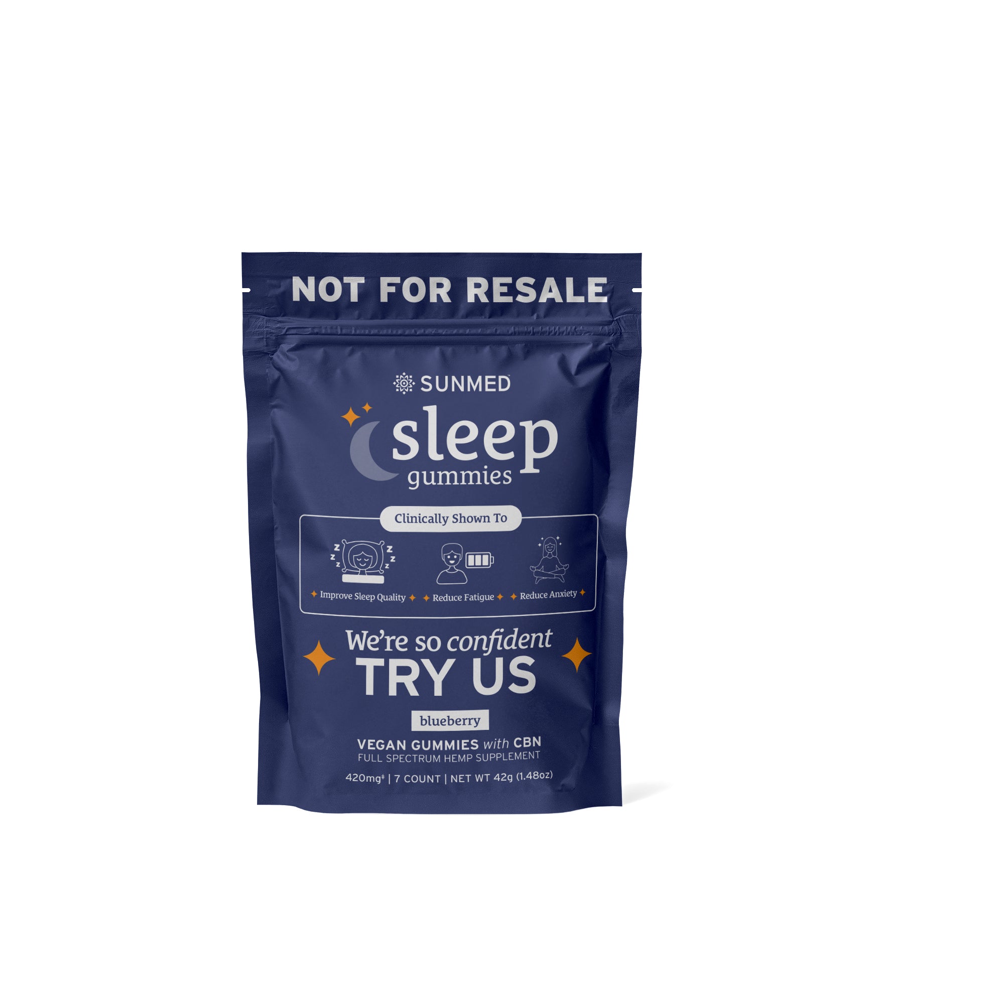 A blue package of Sunmed CBD's CBN Sleep 7-Day Sample Pack with blueberry flavor and labeled "NOT FOR RESALE" at the top.