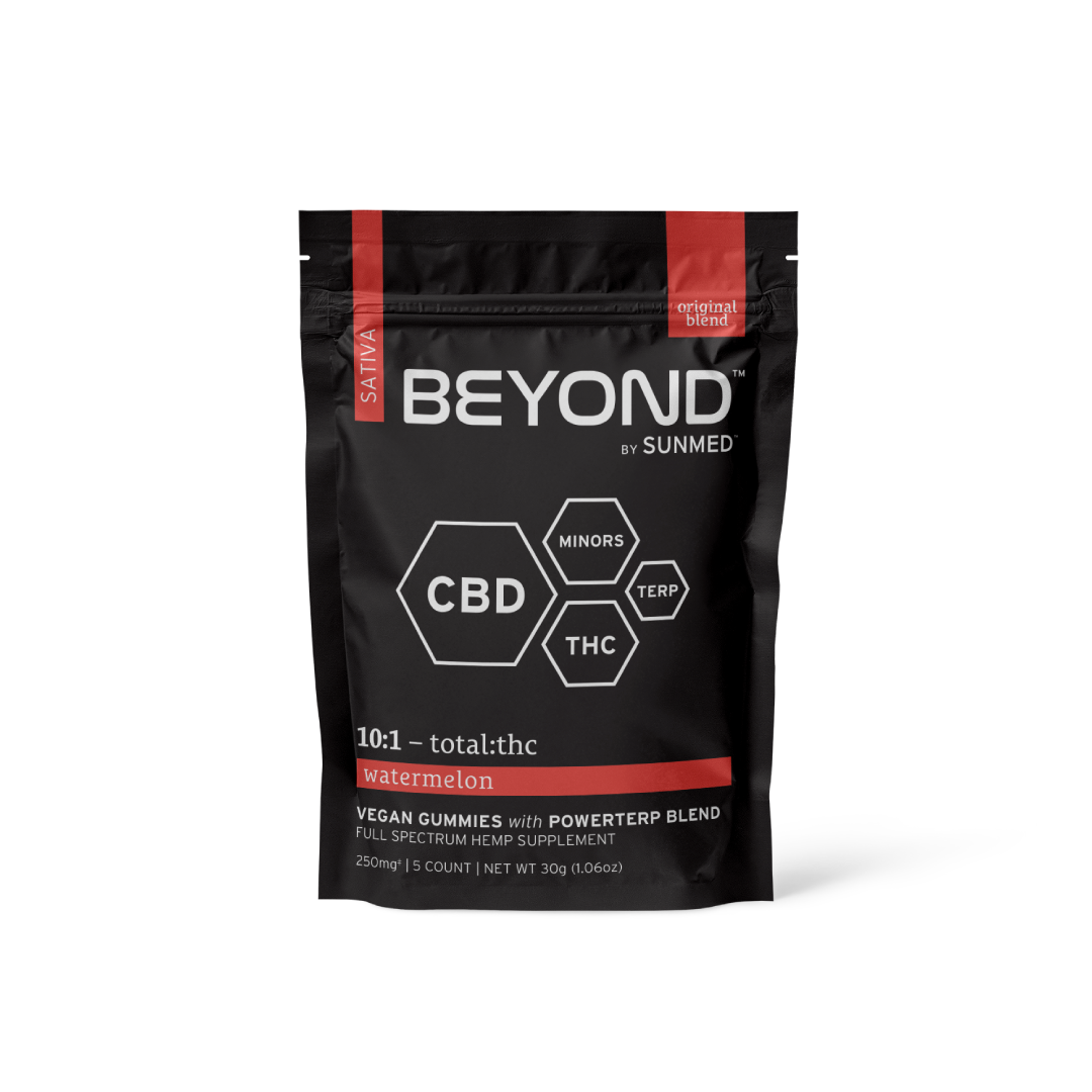 Sunmed CBD's Beyond Sativa CBD Gummies Starter Pack comes in a black and red pouch and includes vegan watermelon gummies with a total of 250mg. It features Full Spectrum CBD and maintains a 10:1 CBD to THC ratio.