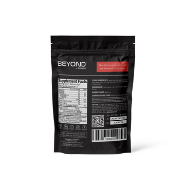 Black supplement packaging with the label "Beyond Sativa CBD Gummies Starter Pack" by Sunmed CBD. Detailed supplement facts, QR code, and dosage information displayed. This product features the potent Sativa PowerTERP blend for enhanced benefits.