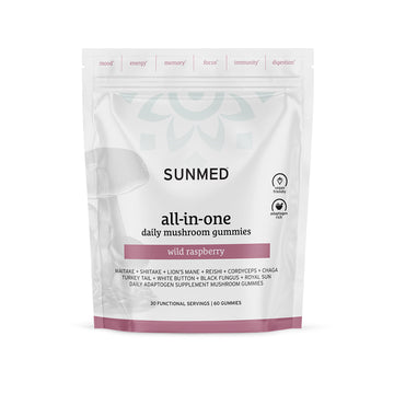 A package of Sunmed CBD All-in-One Mushroom Gummies in wild raspberry flavor, featuring adaptogenic mushrooms to support immune function, containing 60 gummies for 30 servings.
