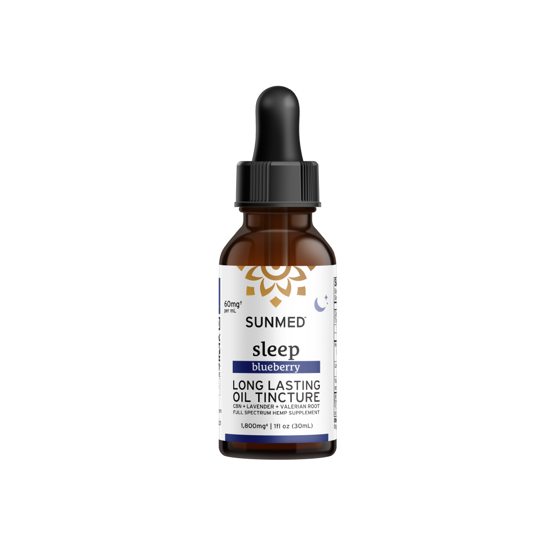 Bottle of Sunmed CBD Full Spectrum Sleep CBN Tincture with a dropper top, containing 1800mg (60mg/mL), infused with lavender and valerian root for enhanced relaxation.