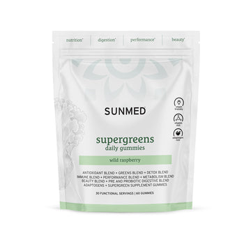 A pouch of Sunmed CBD Supergreens Daily Gummies, white in color, wild raspberry flavor, containing 60 gummies packed with essential vitamins and various health benefits.