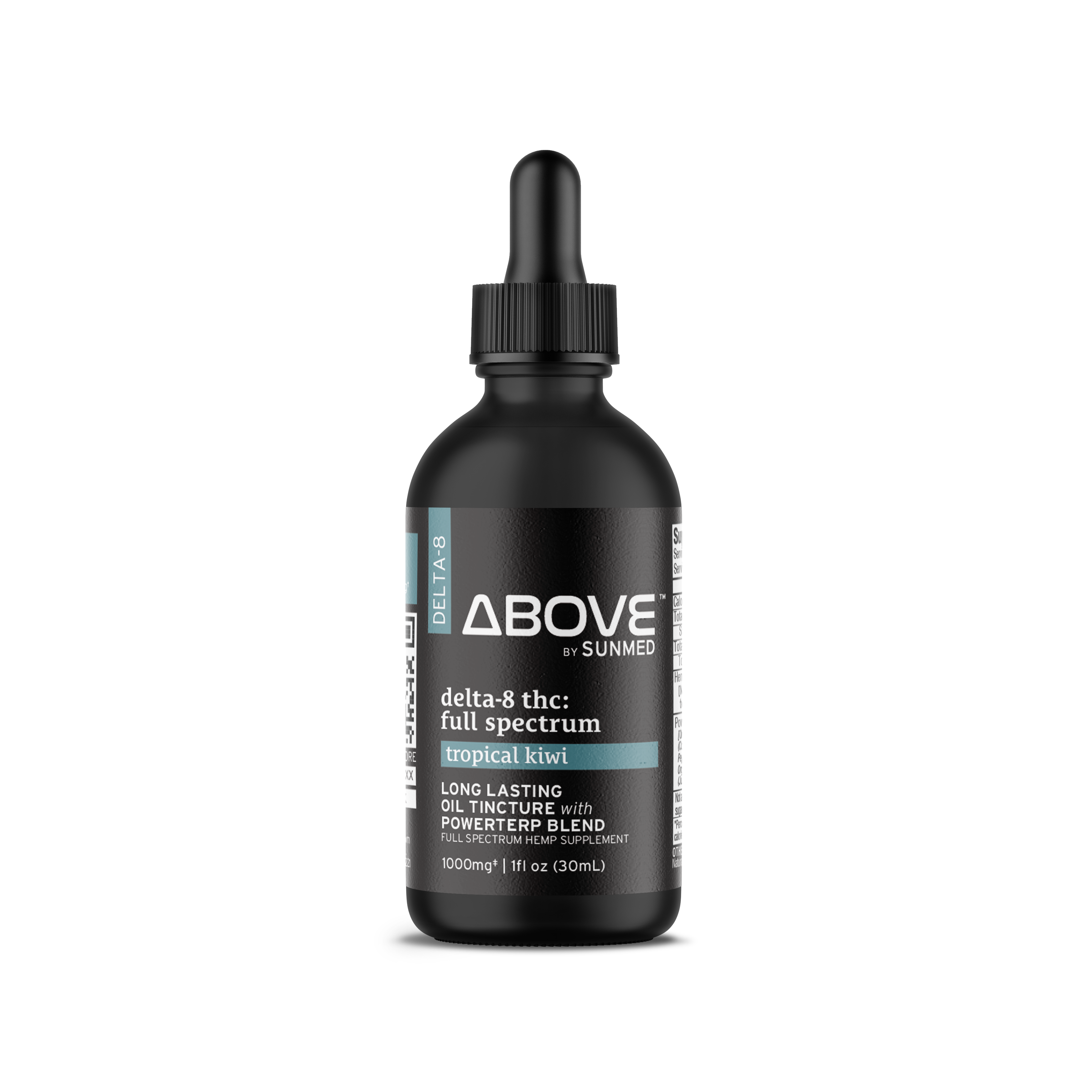 A black dropper bottle labeled "Sunmed CBD Above Delta-8 Full Spectrum CBD Hemp Oil Tincture.