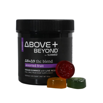 A jar of Sunmed CBD Above + Beyond Live Resin CBD Gummies with three colorful gummies beside it on a white background.