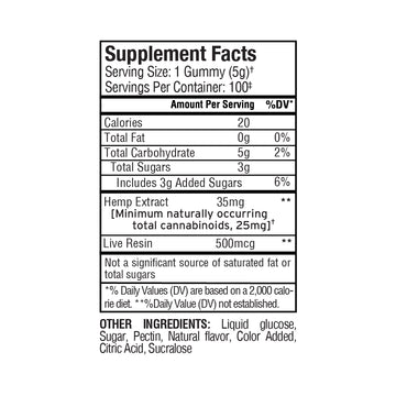 The Supplement Facts label for Sunmed CBD Full Spectrum Anytime CBD Gummies lists calories, sugars, hemp extract, live resin CBD, and other ingredients.