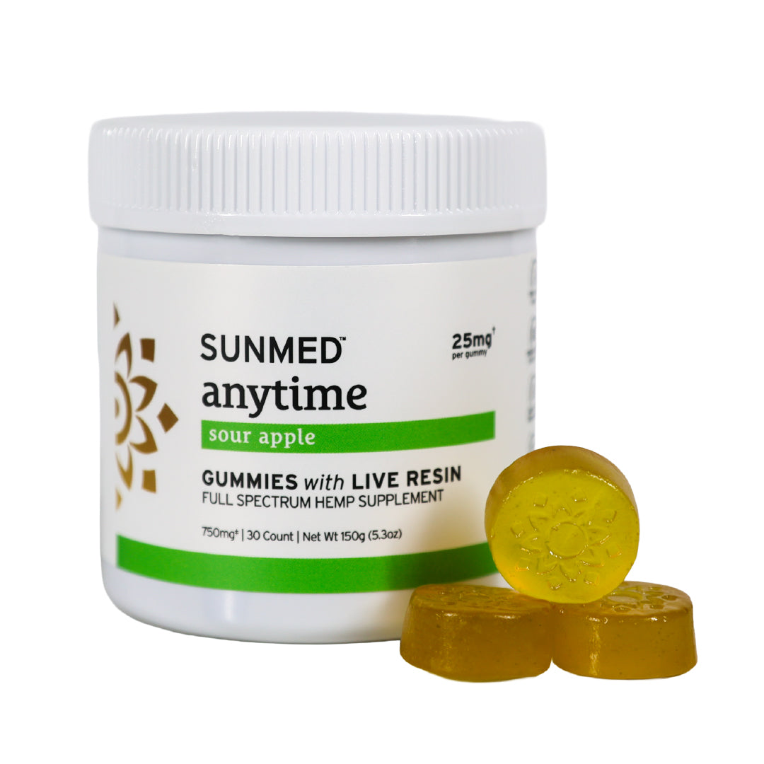 A jar of Sunmed CBD Full Spectrum Anytime CBD Gummies with three yellow gummies displayed in front.
