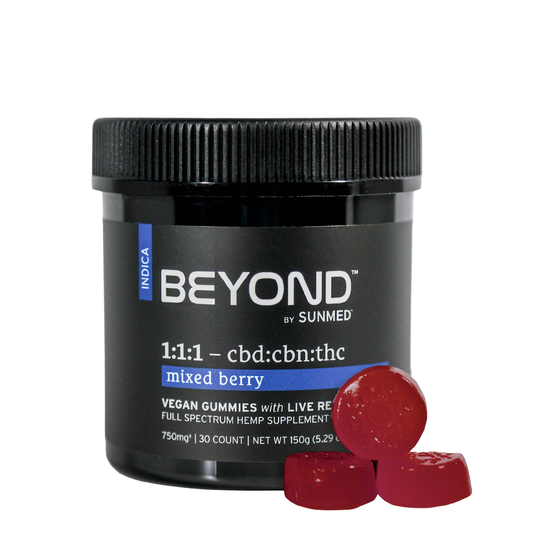 A jar labeled "Beyond 1:1:1 Indica Live Resin Gummies" by Sunmed CBD sits beside red gummies, ideal for those looking for flavorful sleep support.