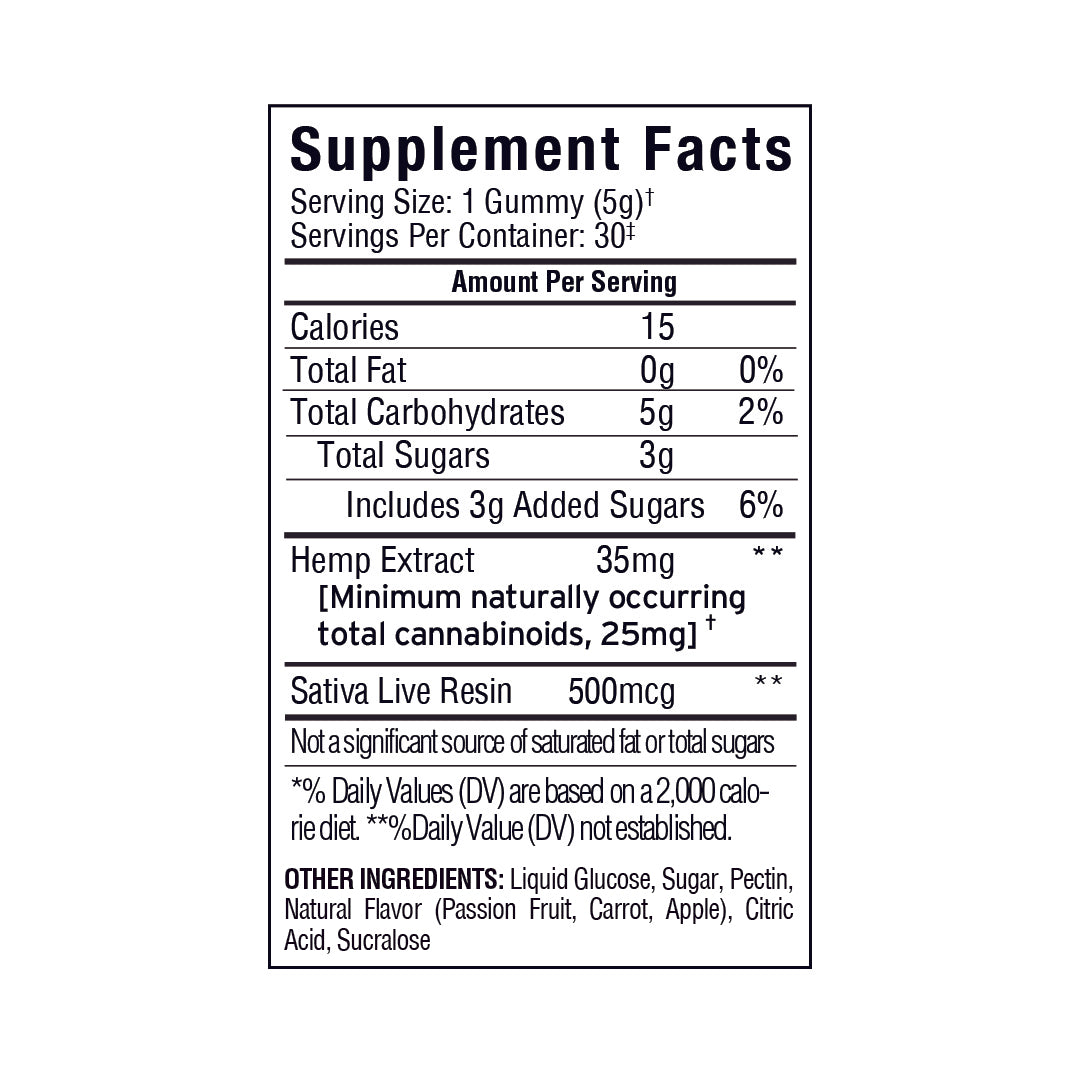 Supplement facts label for Sunmed CBD Beyond 2:1 Sativa Live Resin Gummies lists calories, carbs, sugars, full spectrum hemp extract, a 2:1 CBD to THC ratio, and additional ingredients.