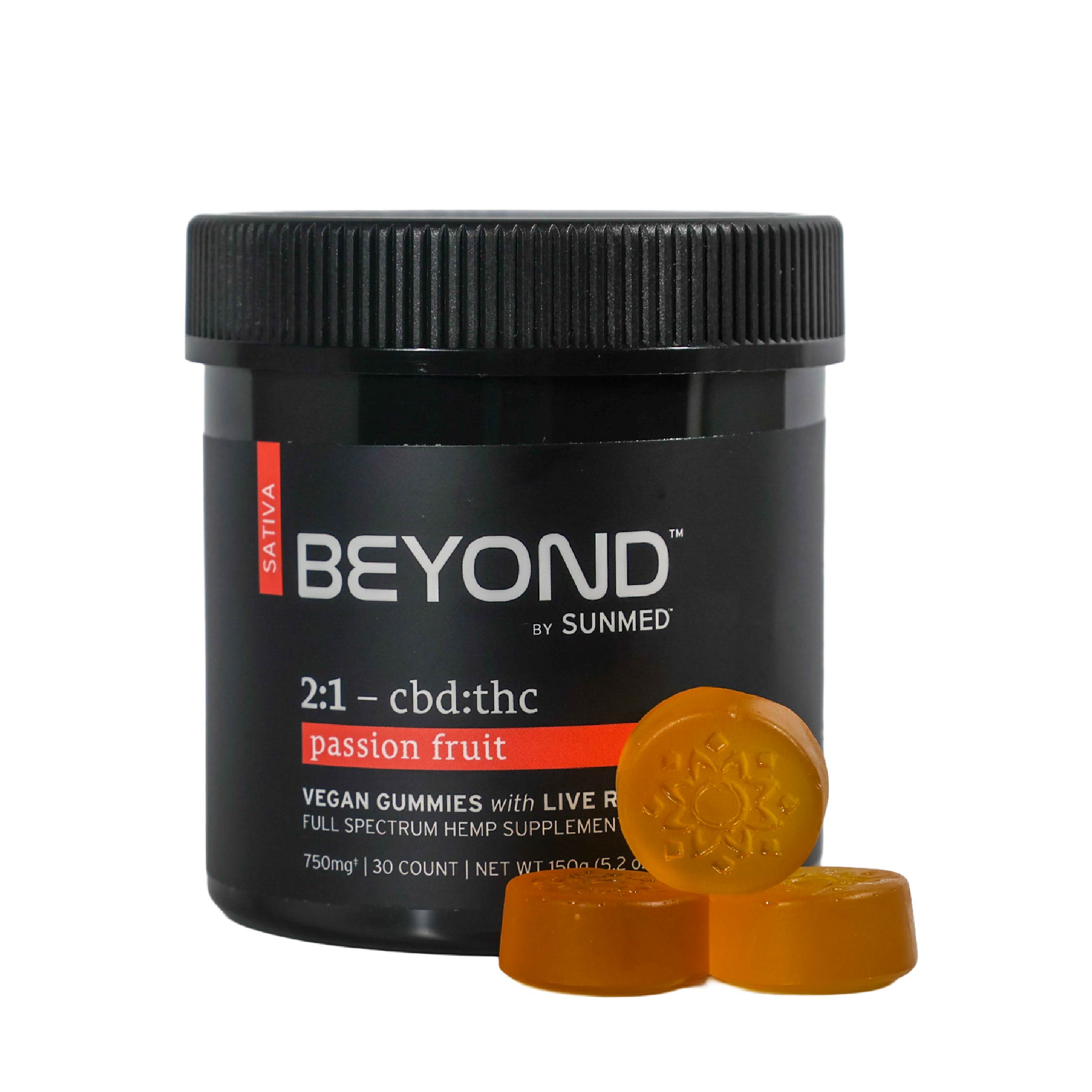 Black jar labeled "Sunmed CBD" with orange Beyond 2:1 Sativa Live Resin Gummies stacked in front, passion fruit flavor—crafted with full spectrum hemp extract for a balanced 2:1 CBD to THC ratio.