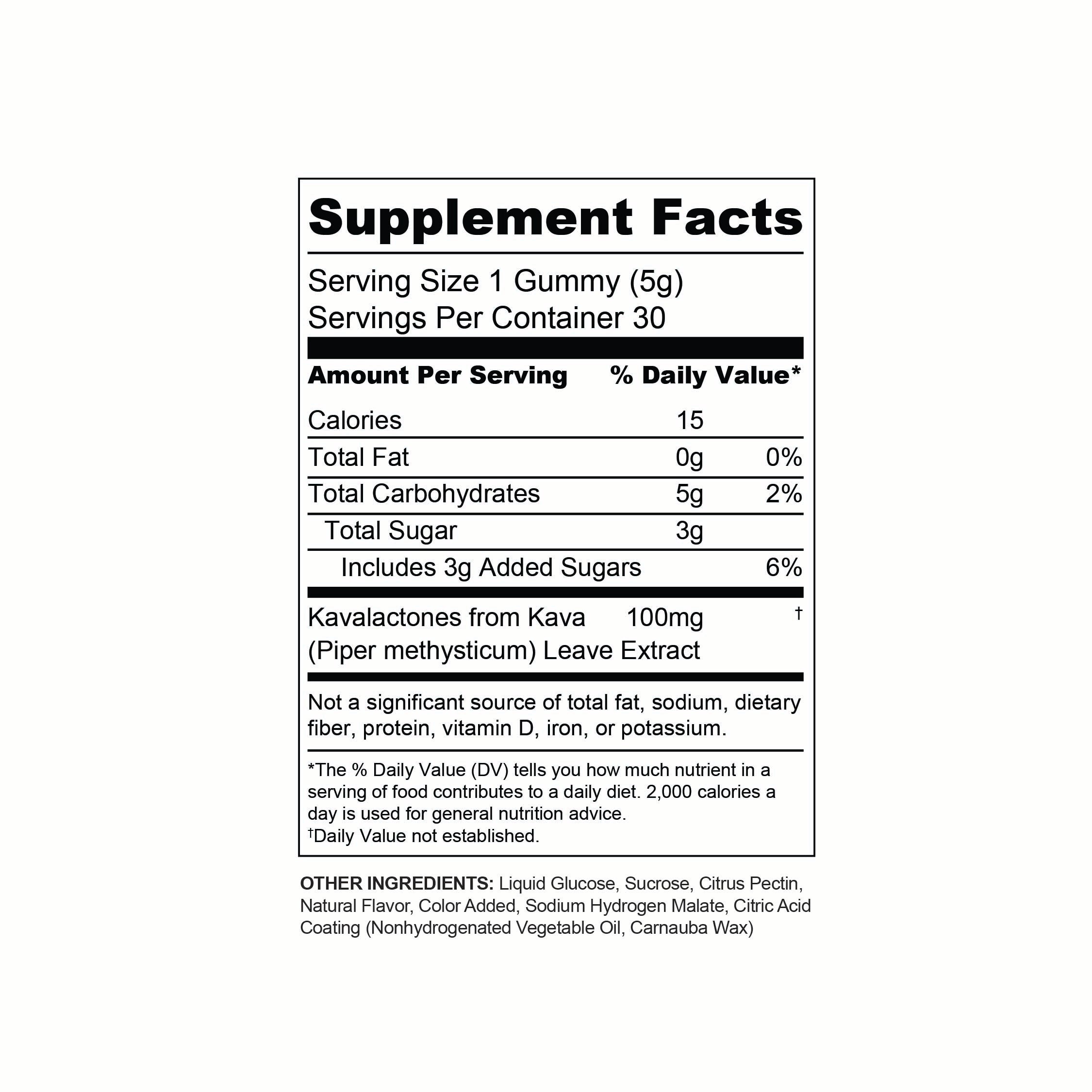 The Supplement Facts label for Sunmed CBD Kava Gummies shows serving size, calories, Kava root extract amount, kavalactone content, and other nutritional details for these relaxation gummies.