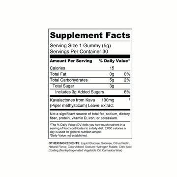 The Supplement Facts label for Sunmed CBD Kava Gummies shows serving size, calories, Kava root extract amount, kavalactone content, and other nutritional details for these relaxation gummies.