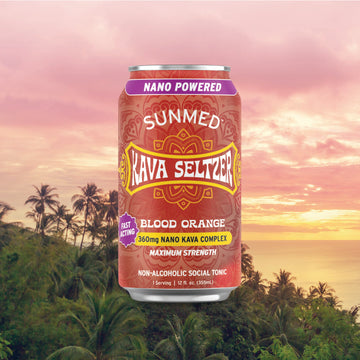 A can of Sunmed CBD Kava Seltzer - Blood Orange is showcased against a sunset and palm trees, emphasizing its refreshing kava root extract.