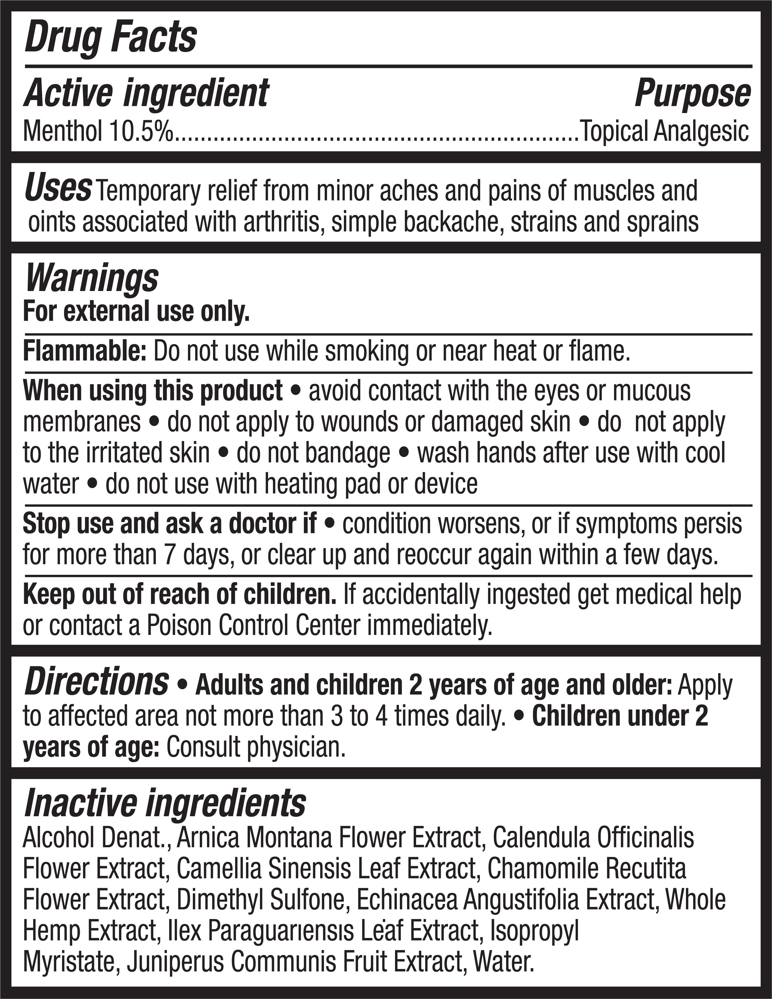 Drug facts label detailing uses, warnings, directions, and ingredients for Sunmed CBD’s Broad Spectrum CBD Menthol Spray for Pain, a topical analgesic offering fast pain relief.
