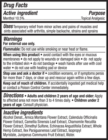 Drug facts label detailing uses, warnings, directions, and ingredients for Sunmed CBD’s Broad Spectrum CBD Menthol Spray for Pain, a topical analgesic offering fast pain relief.