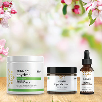 The Sunmed CBD Full Spectrum Anytime Gummies + Neuro Water Soluble + Topical Cream Bundle displayed on a wooden surface, accented with flowers and greenery in the background.