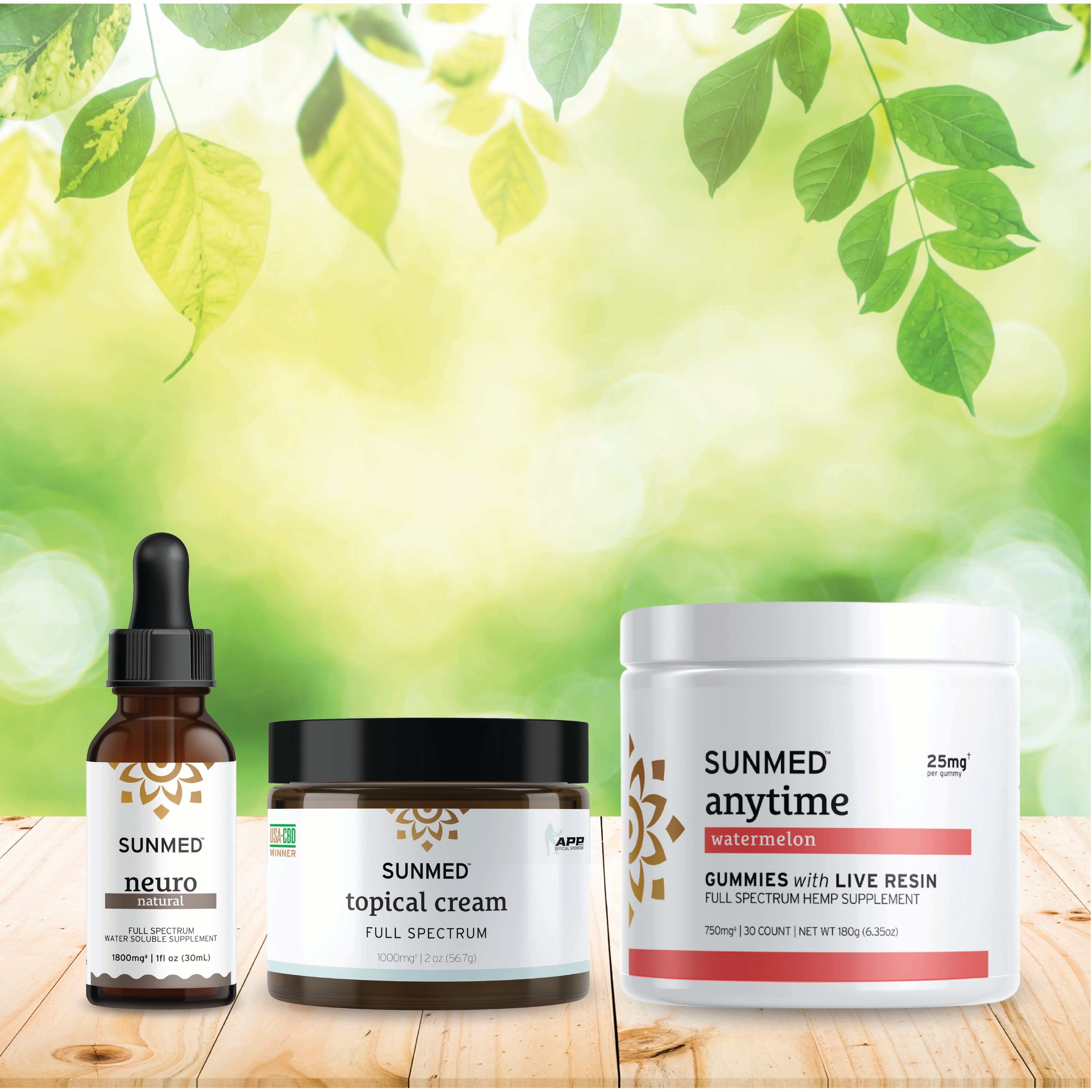The Sunmed CBD Full Spectrum Anytime Gummies + Neuro Water Soluble + Topical Cream Bundle is displayed on a wooden surface with a leafy background.