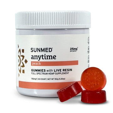A white jar labeled "Sunmed CBD Full Spectrum Anytime CBD Gummies" with three red hemp-derived gummies displayed in front of it.