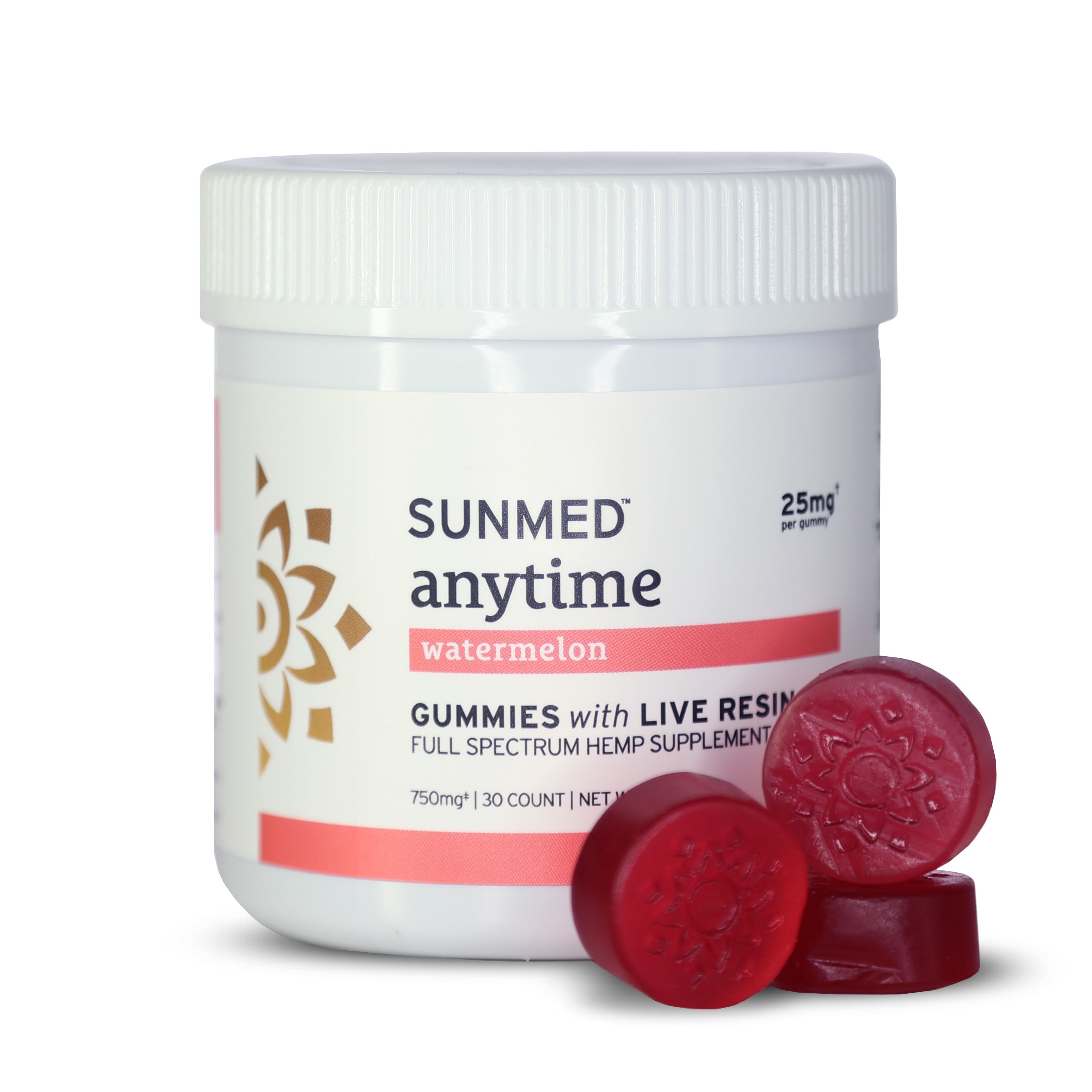 White container of Sunmed CBD Full Spectrum Anytime CBD Gummies, watermelon flavor, with three red gummies displayed in front.