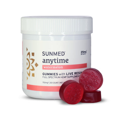 White container of Sunmed CBD Full Spectrum Anytime CBD Gummies, watermelon flavor, with three red gummies displayed in front.