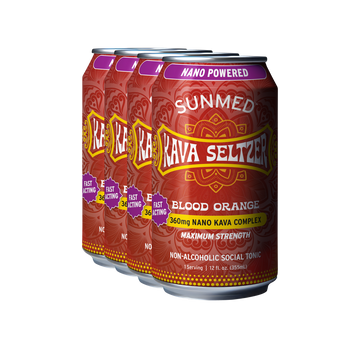 Four cans of Sunmed CBD Kava Seltzer - Blood Orange 4 pack, each with kava root extract for stress relief, are arranged in a row against a white background.