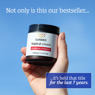 A hand holds a jar of Sunmed CBD’s Full Spectrum Relief CBD Cream against a blue sky, with text noting its 7 years as a bestselling topical relief made from premium hemp extract.