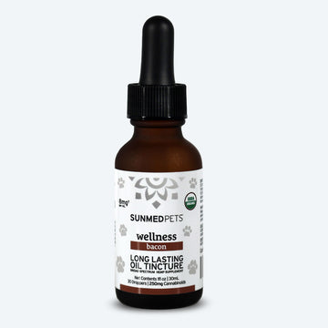 A brown dropper bottle labeled "Sunmed CBD Broad Spectrum CBD Pet Tinctures" contains an organic CBD oil tincture, ideal for dogs or cats.