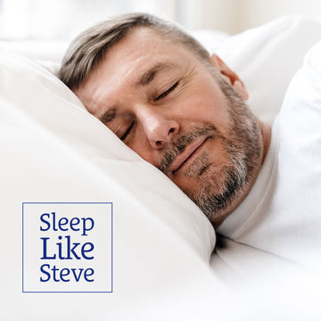 Middle-aged man with a beard peacefully sleeping on a white pillow; text reads "Sleep Like Steve"—enjoy restful nights with Sunmed CBD Full Spectrum Sleep CBN Gummies, the natural sleep aid you&