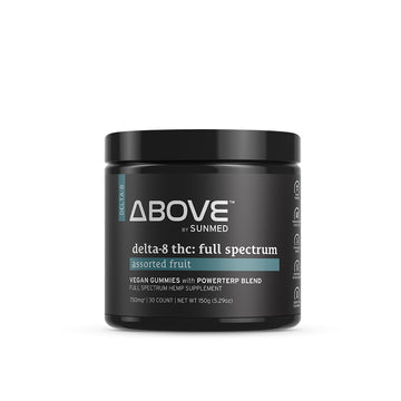 Black jar labeled "*15% Off* - Delta-8 Gummies" by Sunmed CBD: full spectrum assorted fruit vegan gummies.