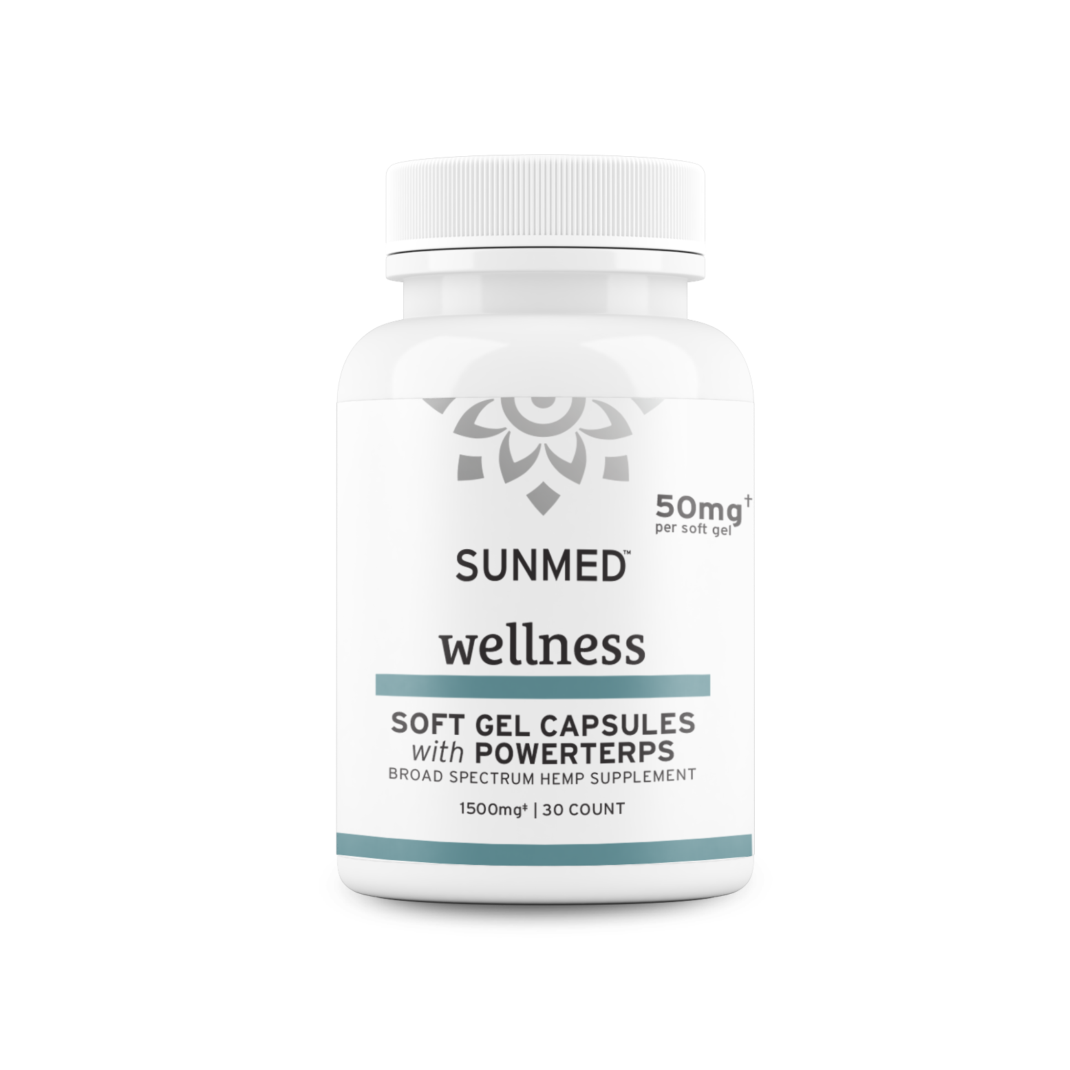 A white bottle labeled "Sunmed CBD Broad Spectrum CBD Soft Gel Capsules, 1500mg, 30 count.