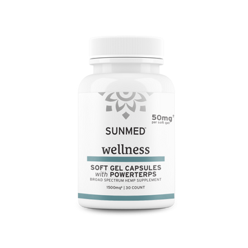 A white bottle labeled "Sunmed CBD Broad Spectrum CBD Soft Gel Capsules, 1500mg, 30 count.