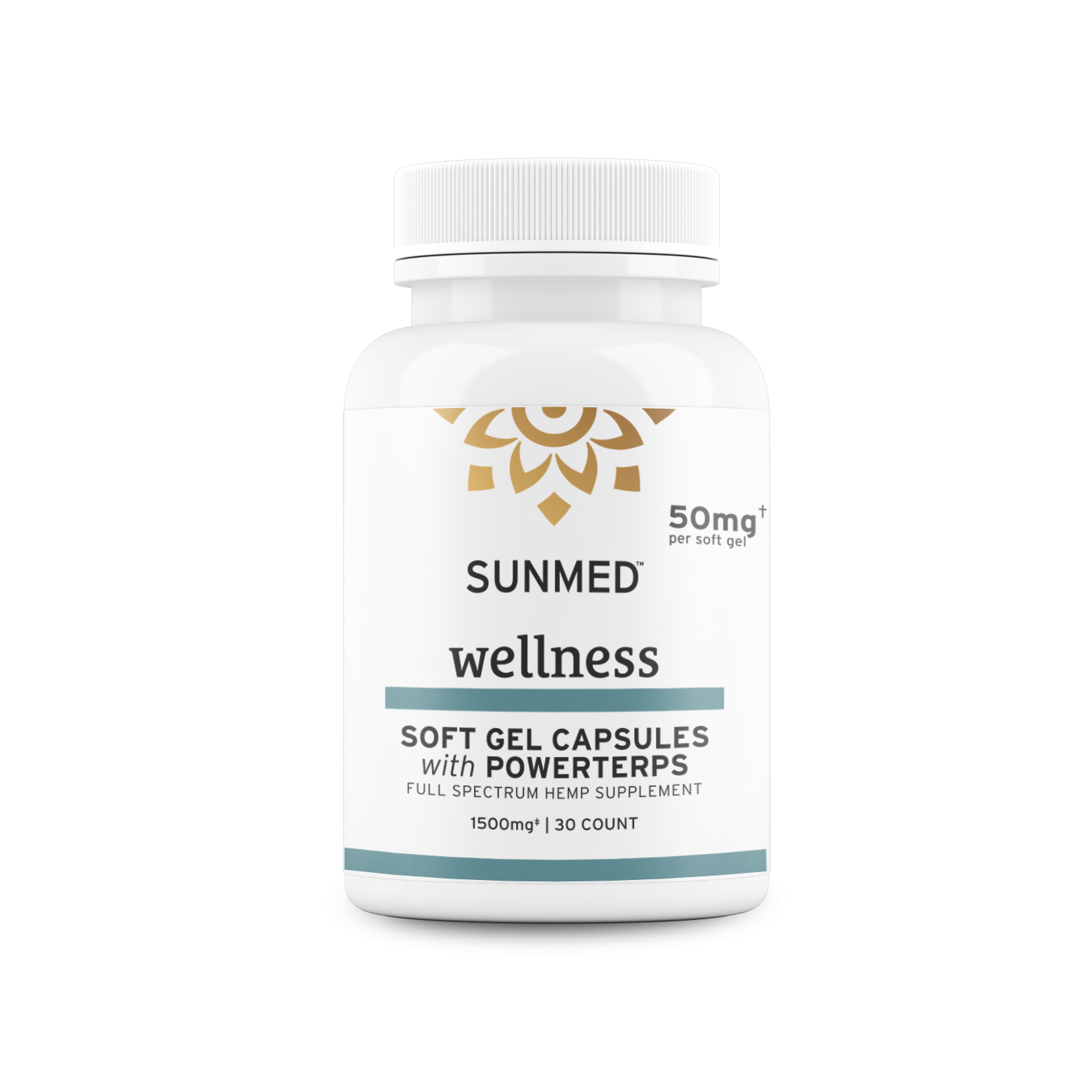 A white bottle labeled "Sunmed CBD Full Spectrum CBD Soft Gel Capsules," 1500mg hemp extract, 30 count.