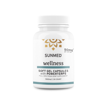 A white bottle labeled "Sunmed CBD Full Spectrum CBD Soft Gel Capsules," 1500mg hemp extract, 30 count.